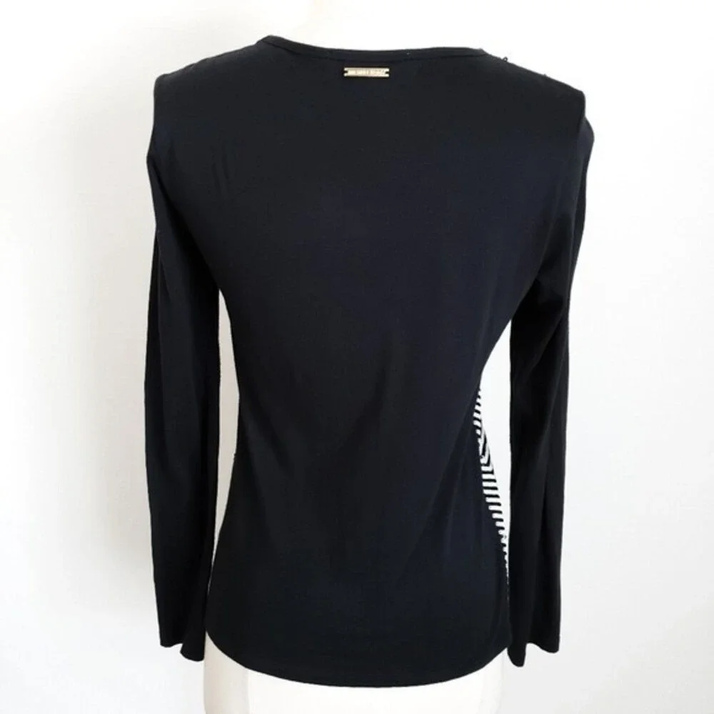 Michael Kors Black & White Sequin Chevron Long-Sleeve Top-‎ Small, S
